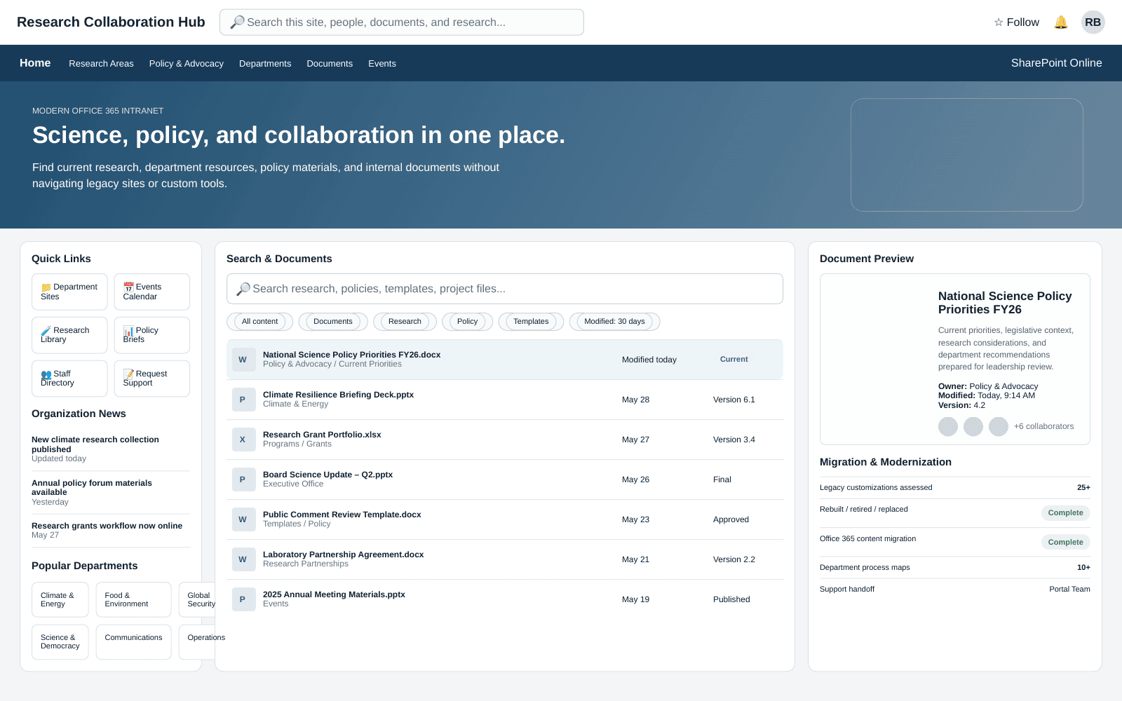Screenshot of the research collaboration hub showing document search and organization news