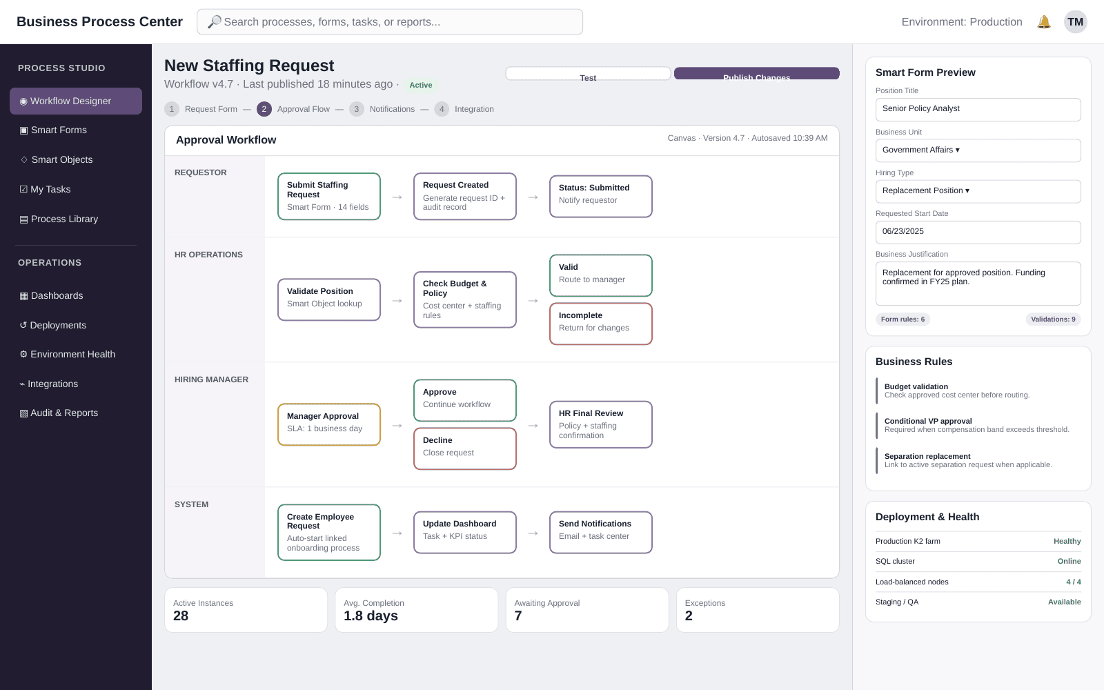 Screenshot of the business process workflow designer showing an approval workflow and smart form preview