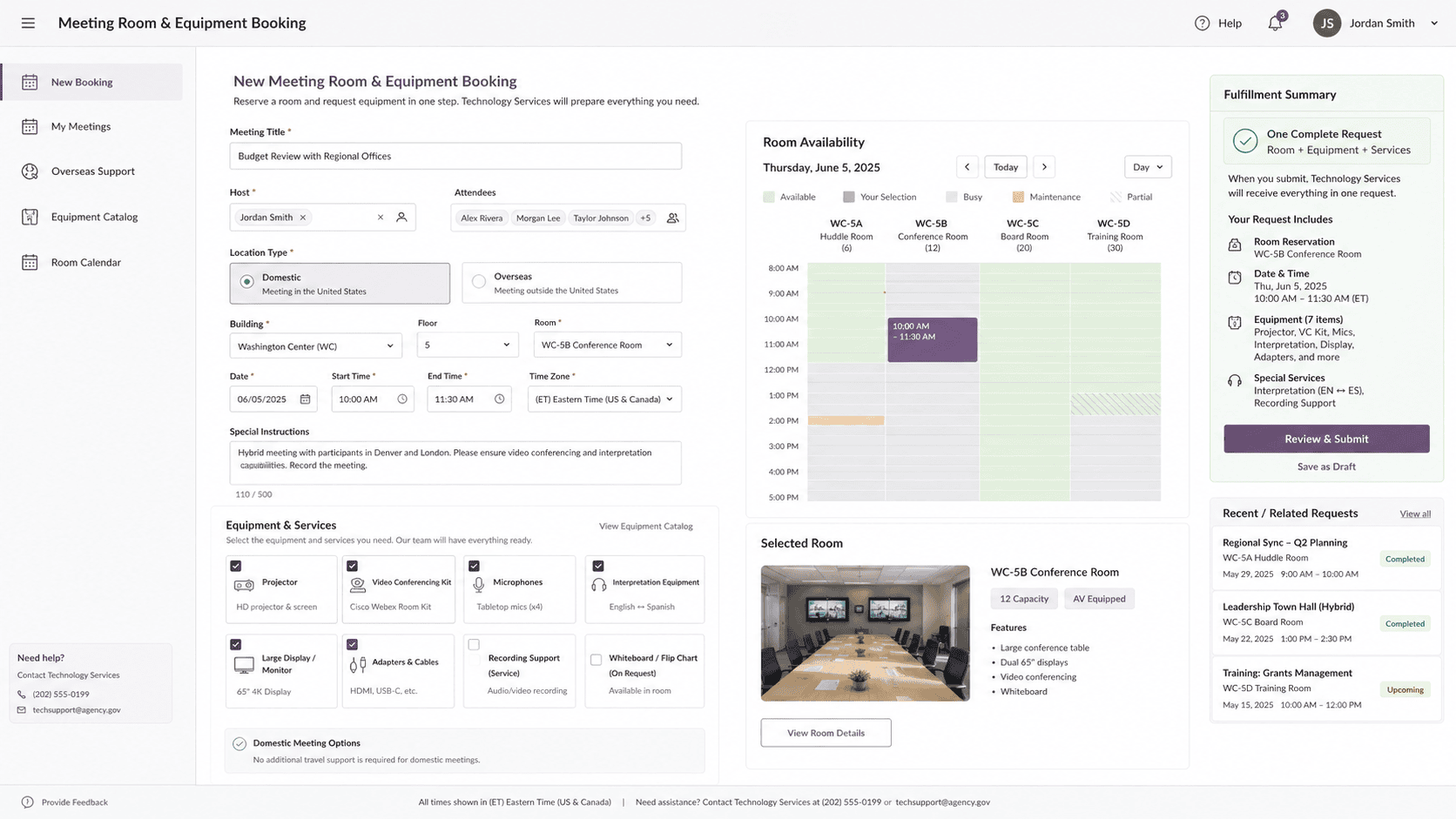 Screenshot of the digital meeting room and equipment booking form showing room availability