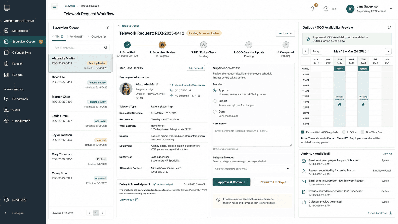 Screenshot of the automated telework request workflow showing supervisor review and approval status