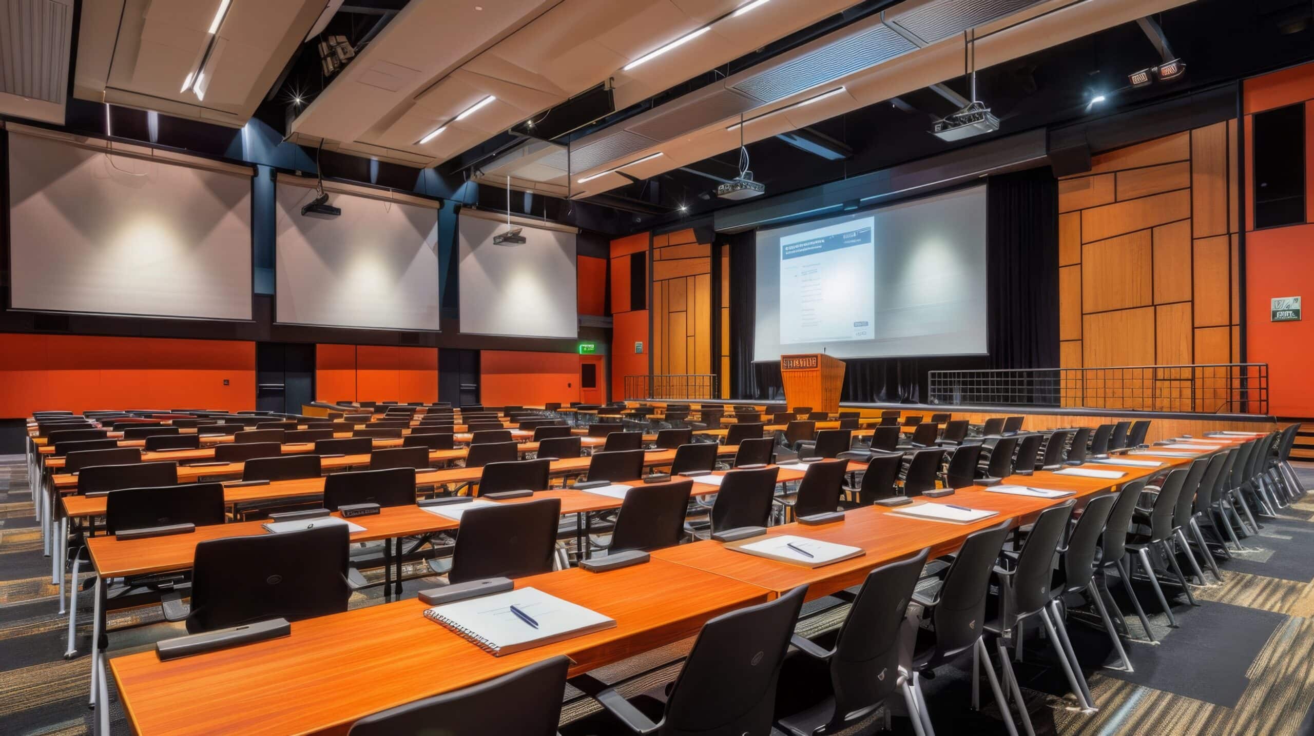 Modern conference room with rows of desks and a large screen for presentations.
