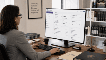 Businesswoman reviewing membership records on a desktop monitor.