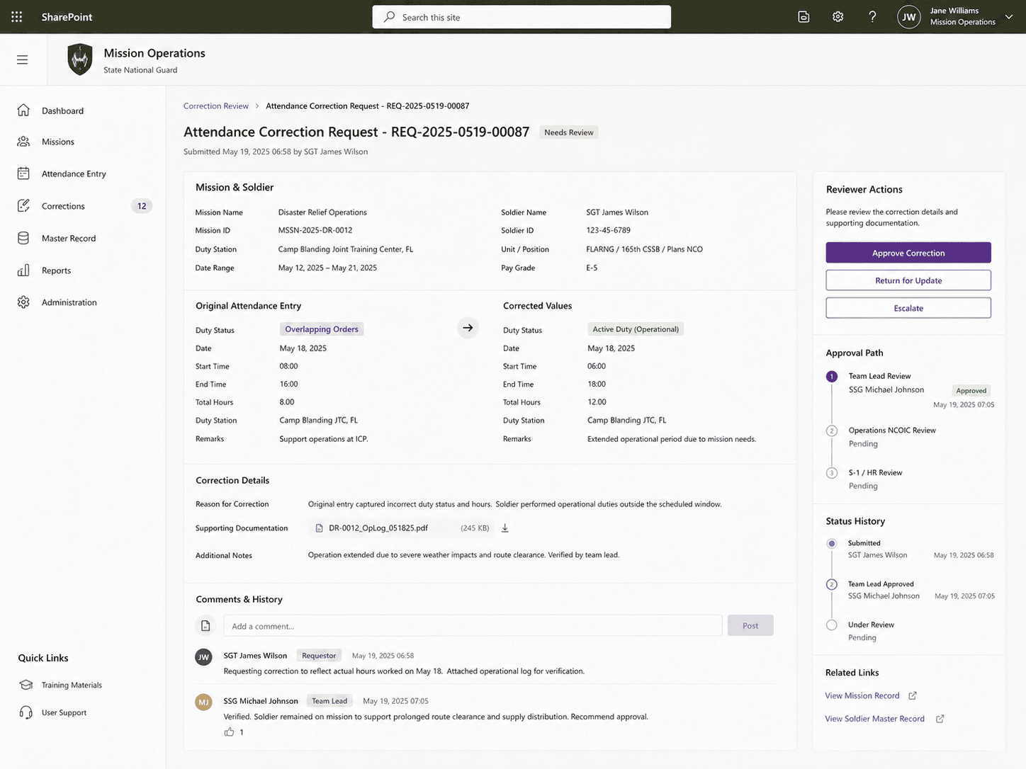 Screenshot of the SharePoint mission attendance tracker