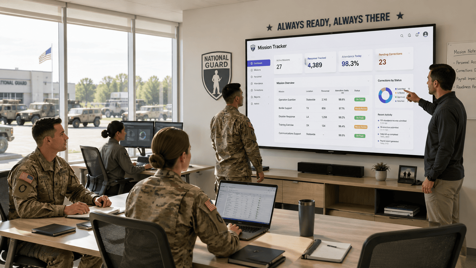 Military Personnel in a Training Room Viewing | i3solutions Military personnel in a training room viewing a digital dashboard on a large screen.