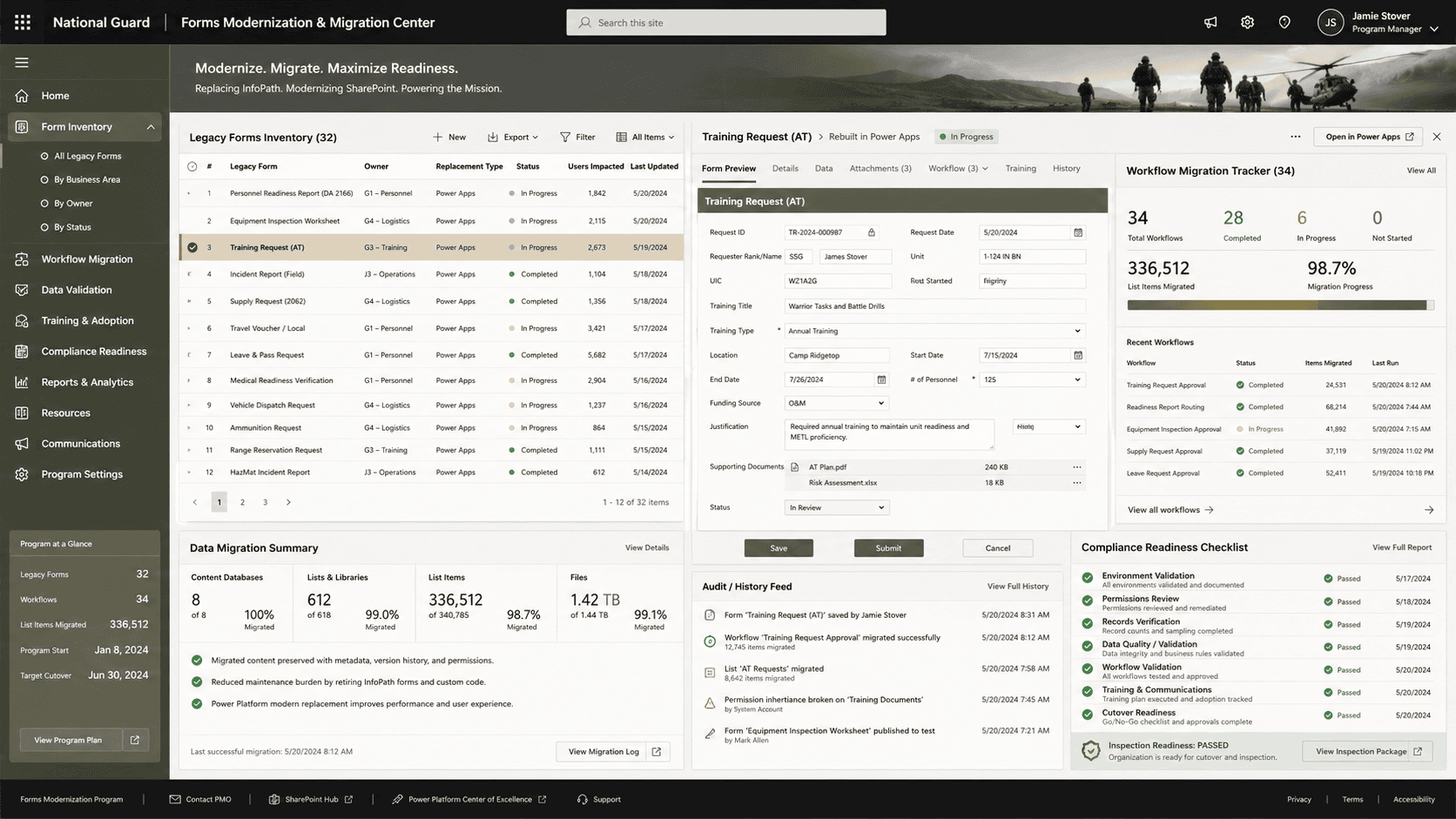 Screenshot of the forms modernization and migration center showing legacy form inventory and workflow migration tracker