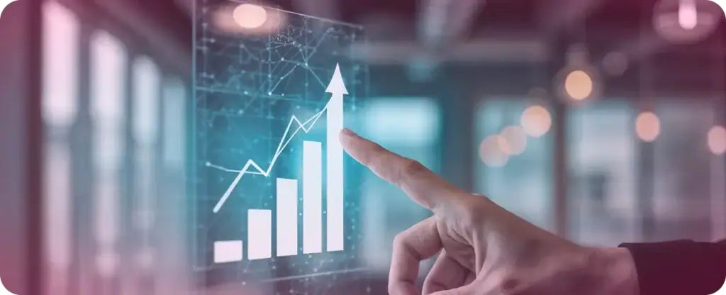 Business Growth and Data Analytics Person pointing at a digital graph showing upward growth trend.