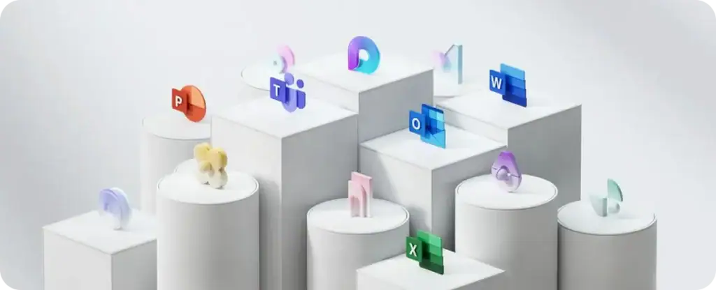 Office Software Icons on White Pedestals Colorful icons of office software like PowerPoint, Excel, Word, and Outlook on white pedestals.