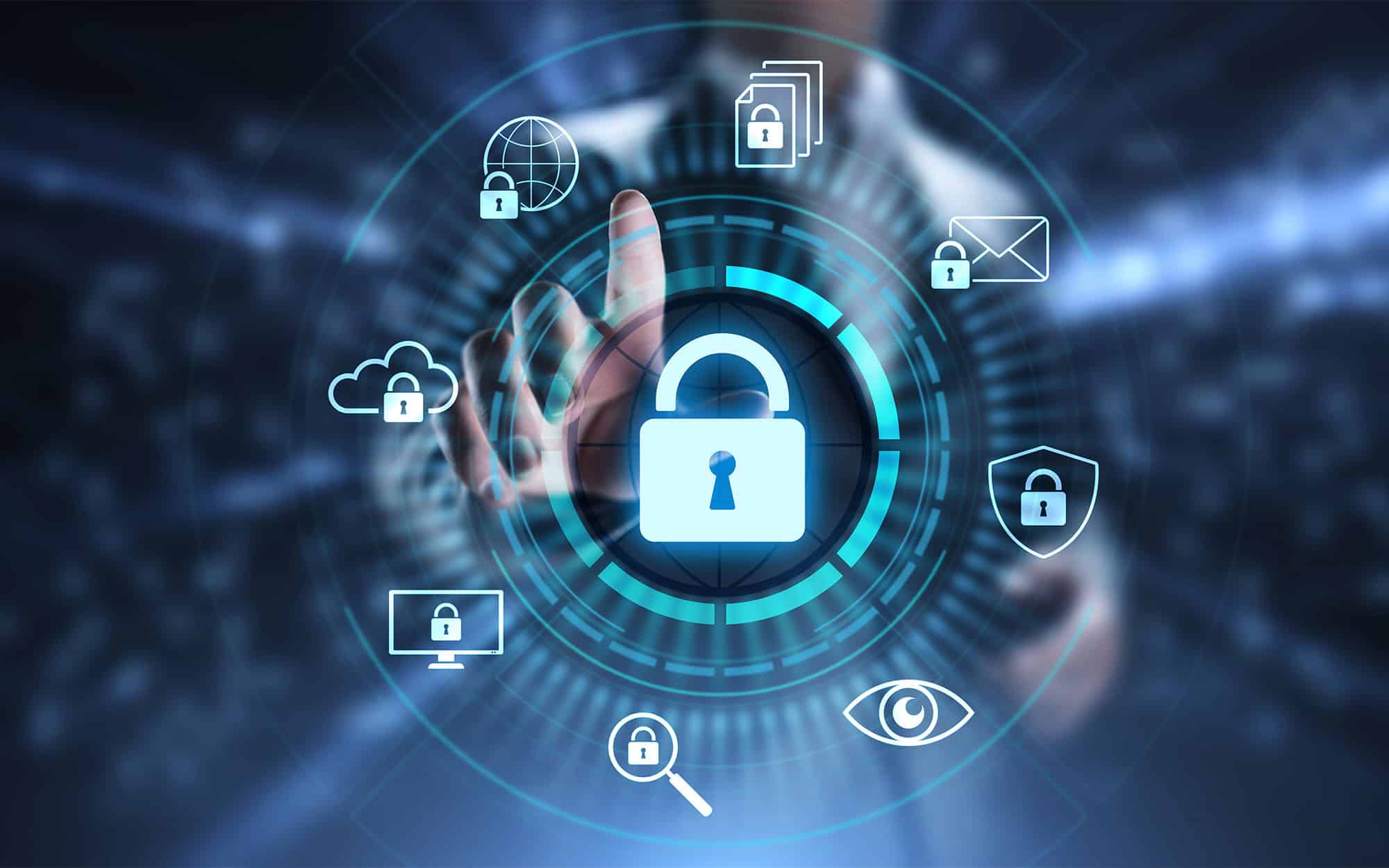 Digital security and data protection icons with a padlock and network symbols.