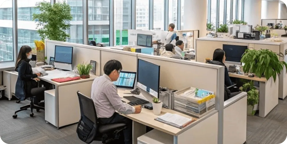Expertise Across the Microsoft Environment | i3solutions Modern open-plan office with employees working at desks with computers and plants.