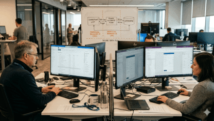 SharePoint and Power Platform integration | i3solutions IT professionals working on multiple computer screens in a modern office.