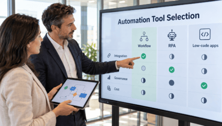 Two architects reviewing an automation tool selection comparing workflow, RPA, and low-code apps at a conference touchscreen. | i3solutions Two architects reviewing an automation tool selection comparing workflow, RPA, and low-code apps at a conference touchscreen.