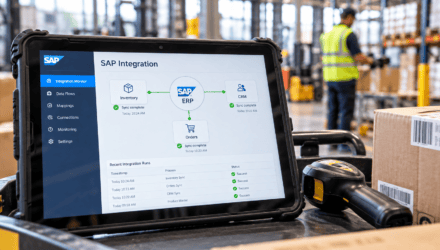 Rugged tablet on a warehouse cart showing SAP ERP connected to inventory, CRM, and orders with green sync indicators. | i3solutions Rugged tablet on a warehouse cart showing SAP ERP connected to inventory, CRM, and orders with green sync indicators.