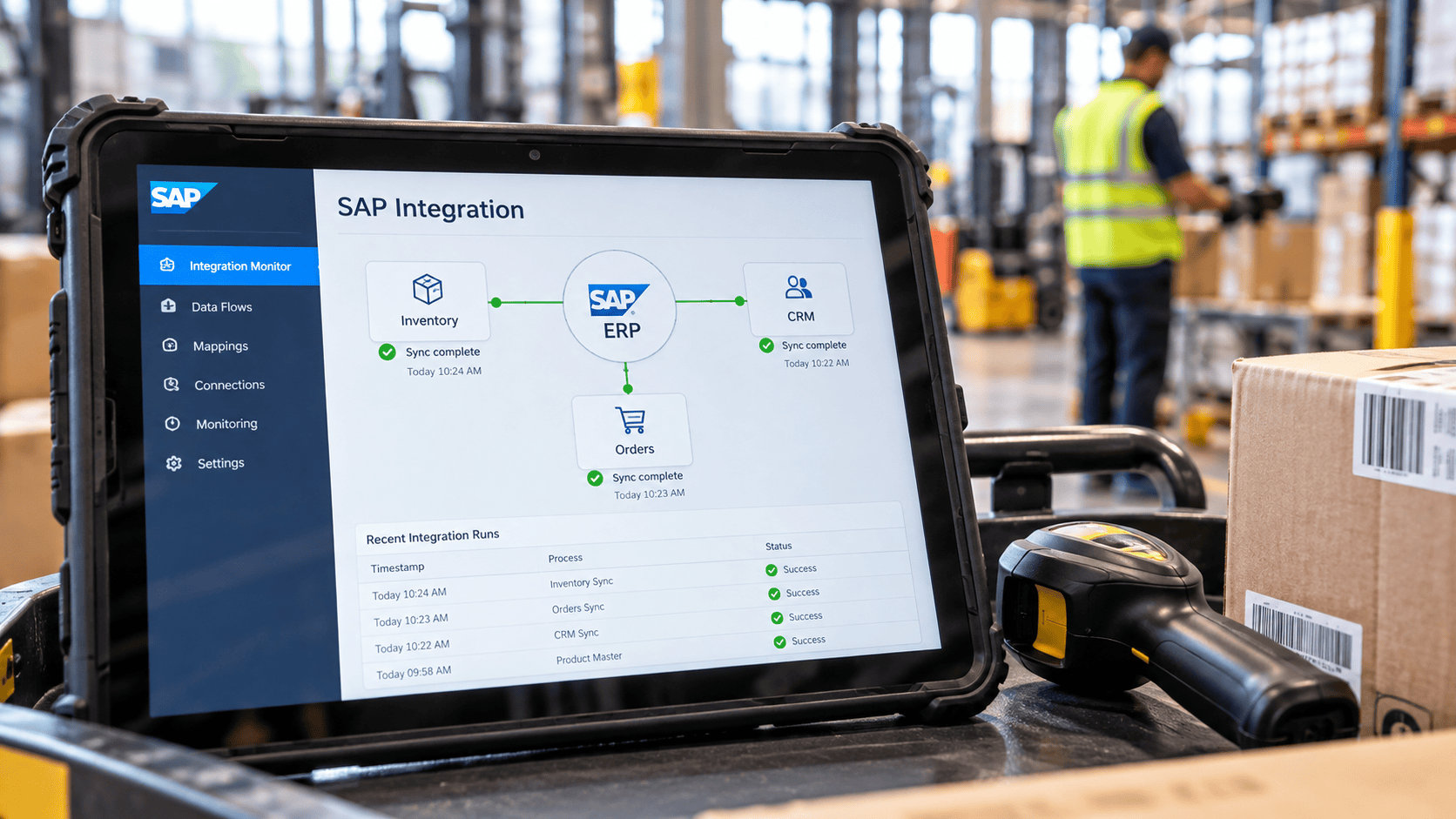 Rugged tablet on a warehouse cart showing SAP ERP connected to inventory, CRM, and orders with green sync indicators.
