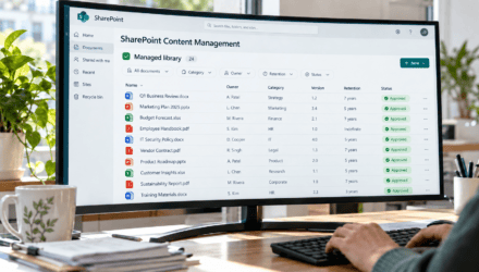 Ultrawide monitor comparing an unclassified file pane with a managed SharePoint library by owner, category, and version. | i3solutions Ultrawide monitor comparing an unclassified file pane with a managed SharePoint library by owner, category, and version.