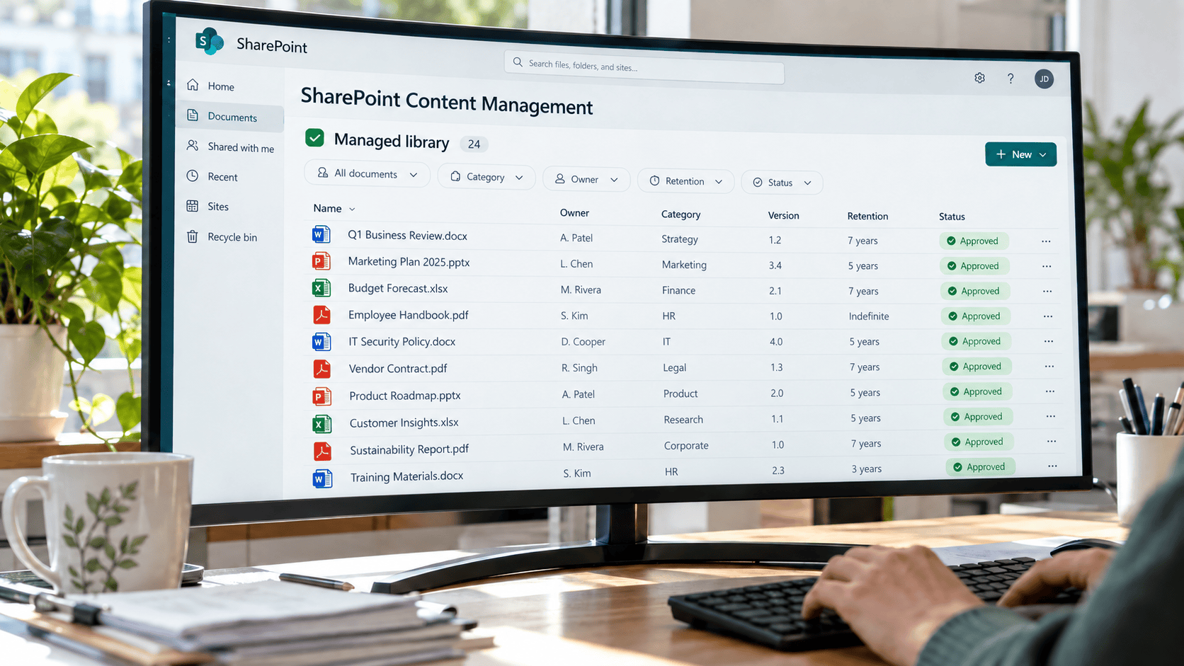 Ultrawide monitor comparing an unclassified file pane with a managed SharePoint library by owner, category, and version. | i3solutions Ultrawide monitor comparing an unclassified file pane with a managed SharePoint library by owner, category, and version.