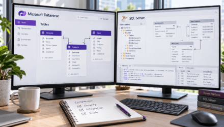 Two monitors comparing Microsoft Dataverse business tables with a SQL Server relational schema on an architect's desk.