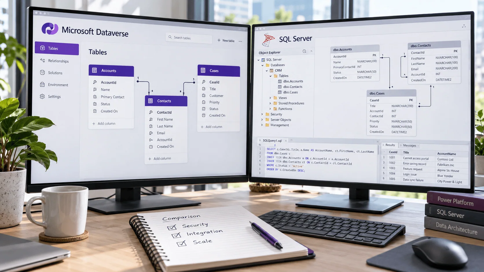 Two monitors comparing Microsoft Dataverse business tables with a SQL Server relational schema on an architect's desk. | i3solutions Two monitors comparing Microsoft Dataverse business tables with a SQL Server relational schema on an architect's desk.