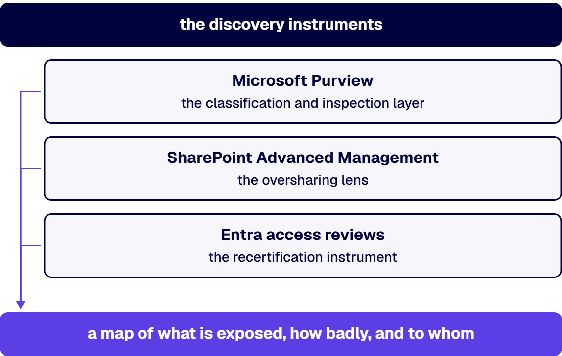 Three discovery instruments produce one map of what is exposed, how badly, and to whom.