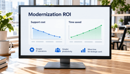 Laptop with a modern SharePoint team site next to a monitor showing modernization ROI charts for support cost and time saved. | i3solutions Laptop with a modern SharePoint team site next to a monitor showing modernization ROI charts for support cost and time saved.