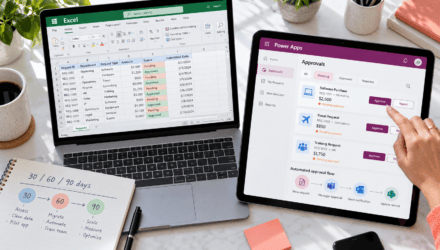 Overhead view of a laptop running Excel next to a tablet running a Power Apps approvals app with a 30/60/90-day roadmap. | i3solutions Overhead view of a laptop running Excel next to a tablet running a Power Apps approvals app with a 30/60/90-day roadmap.