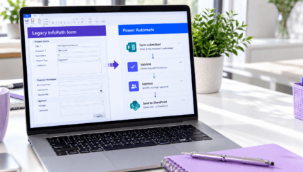 Laptop showing a legacy InfoPath form beside a Power Automate flow validating and approving a modern request form. | i3solutions Laptop showing a legacy InfoPath form beside a Power Automate flow validating and approving a modern request form.