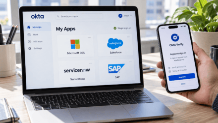 Laptop showing an Okta My Apps dashboard beside a phone with an Okta Verify sign-in approval. | i3solutions Laptop showing an Okta My Apps dashboard beside a phone with an Okta Verify sign-in approval.
