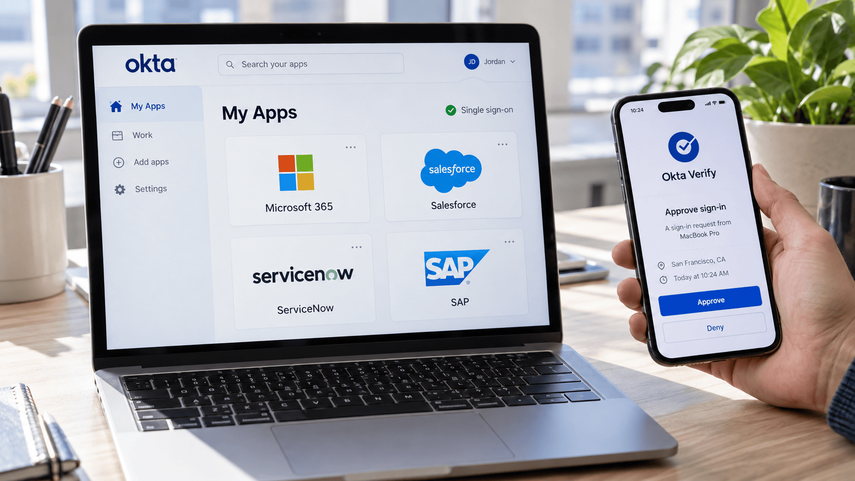 Laptop showing an Okta My Apps dashboard beside a phone with an Okta Verify sign-in approval.