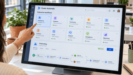 Touchscreen with ten Power Automate workflow cards for onboarding, expenses, purchasing, access, and other processes. | i3solutions Touchscreen with ten Power Automate workflow cards for onboarding, expenses, purchasing, access, and other processes.