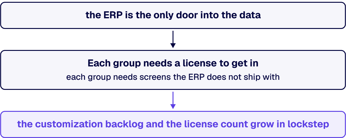 ERP customization spend and ERP licensing spend have a single root cause: the ERP is the only door into the data.