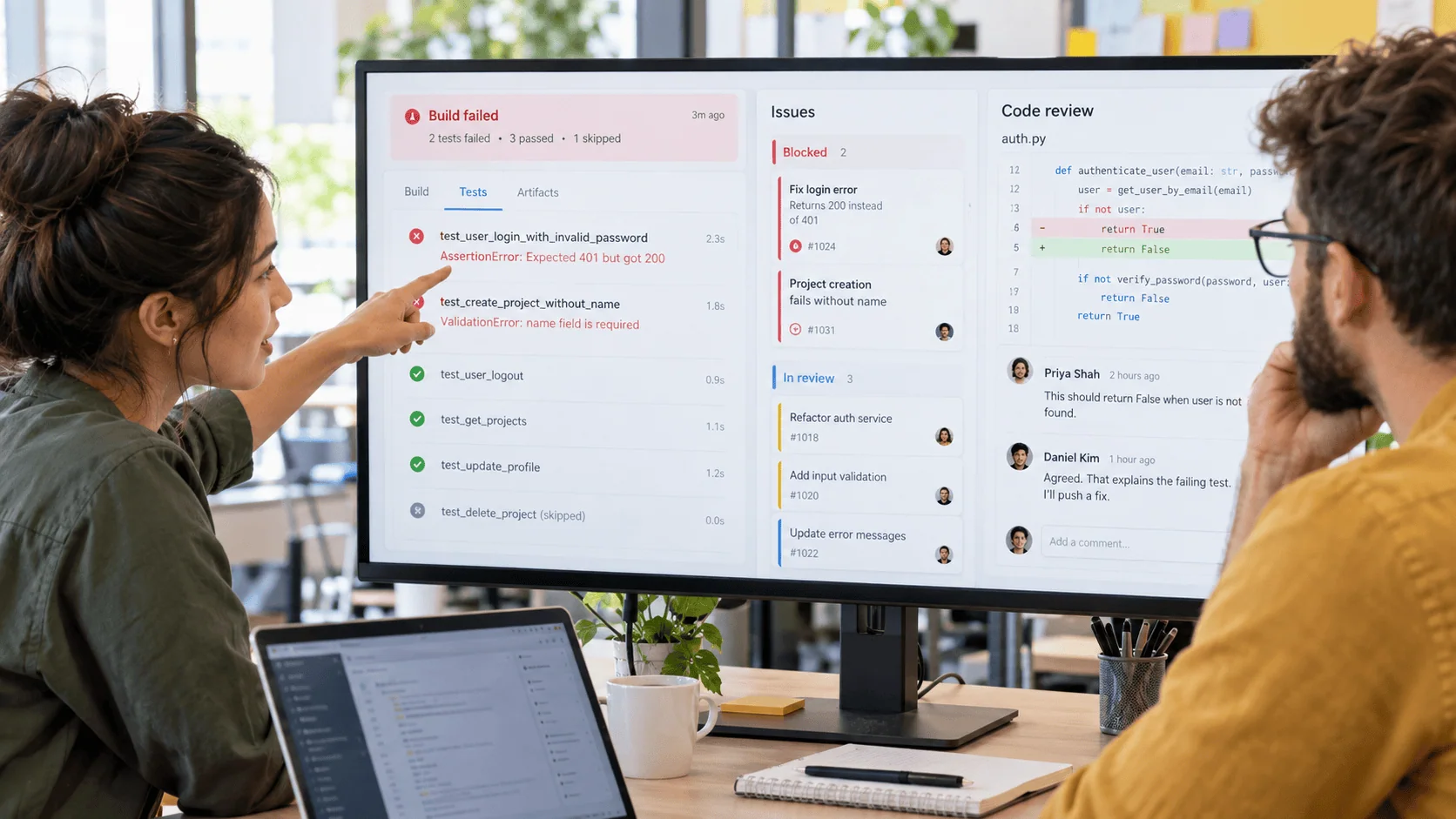 Two engineers troubleshooting a development dashboard showing a failed build, blocked tasks, and a code review panel. | i3solutions Two engineers troubleshooting a development dashboard showing a failed build, blocked tasks, and a code review panel.