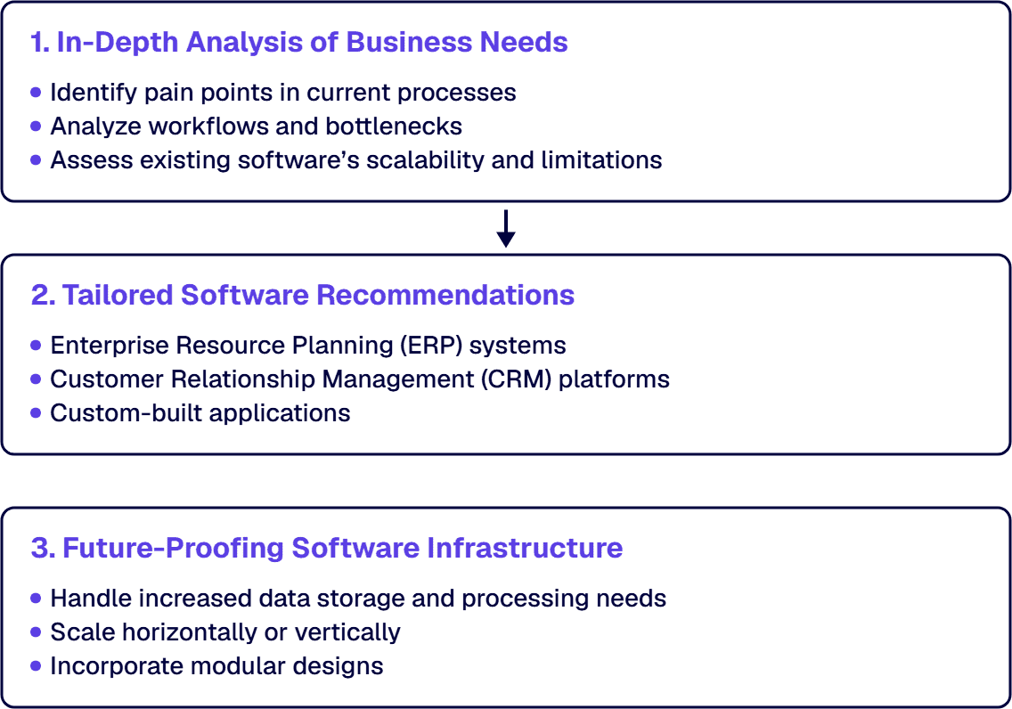 Consultants analyze business needs, recommend tools and platforms, and design systems with scalability in mind.