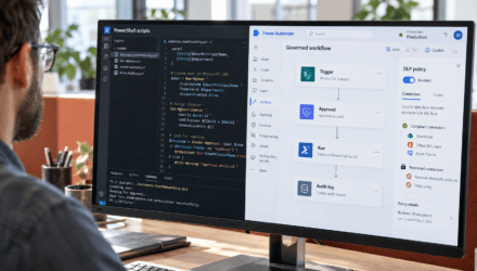 Developer screen with PowerShell scripts beside a governed Power Automate flow for trigger, approval, run, and audit log. | i3solutions Developer screen with PowerShell scripts beside a governed Power Automate flow for trigger, approval, run, and audit log.
