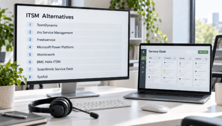 Monitor comparing eight ITSM alternatives across tickets, automation, Microsoft 365, and cost next to a service desk board. | i3solutions Monitor comparing eight ITSM alternatives across tickets, automation, Microsoft 365, and cost next to a service desk board.
