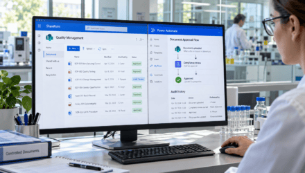 Workstation showing SharePoint document library connected to a Power Automate approval flow in a quality office.
