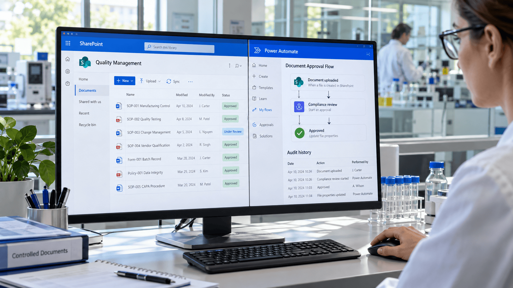 Workstation showing SharePoint document library connected to a Power Automate approval flow in a quality office. | i3solutions Workstation showing SharePoint document library connected to a Power Automate approval flow in a quality office.