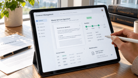 Touchscreen tablet showing a contract management workflow from draft to signature with version history and retention policy. | i3solutions Touchscreen tablet showing a contract management workflow from draft to signature with version history and retention policy.