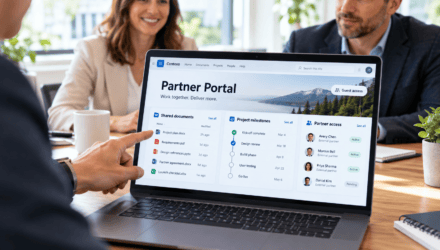 Laptop displaying a partner portal with shared documents, project milestones, and guest access on a conference table. | i3solutions Laptop displaying a partner portal with shared documents, project milestones, and guest access on a conference table.