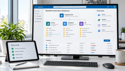 SharePoint site hierarchy linked to departments with a governance panel for owners, metadata, and retention. | i3solutions SharePoint site hierarchy linked to departments with a governance panel for owners, metadata, and retention.