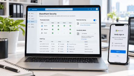 Laptop showing a SharePoint access-control console with a permissions matrix, sensitivity labels, and an audit log. | i3solutions Laptop showing a SharePoint access-control console with a permissions matrix, sensitivity labels, and an audit log.