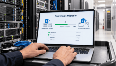 Laptop on a service cart showing SharePoint Server to SharePoint Online migration in progress with a validation checklist. | i3solutions Laptop on a service cart showing SharePoint Server to SharePoint Online migration in progress with a validation checklist.