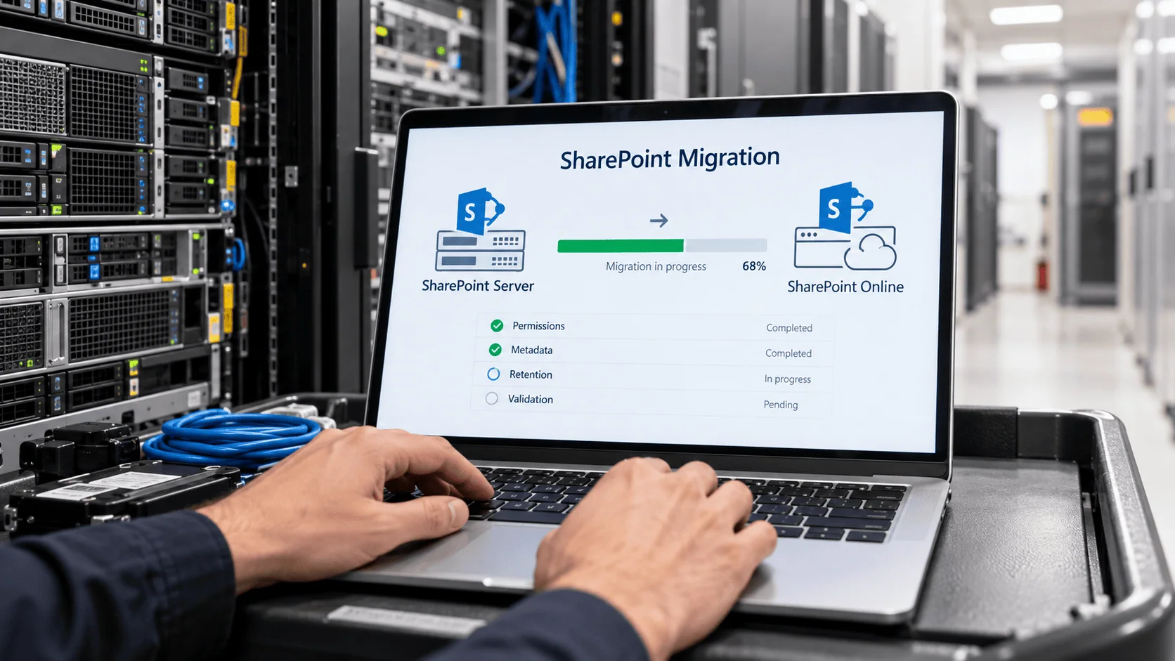 Laptop on a service cart showing SharePoint Server to SharePoint Online migration in progress with a validation checklist. | i3solutions Laptop on a service cart showing SharePoint Server to SharePoint Online migration in progress with a validation checklist.