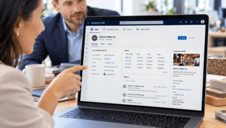 Laptop showing Dynamics 365 with Sales, Customer Service, Finance, and Supply Chain modules and a customer record timeline.
